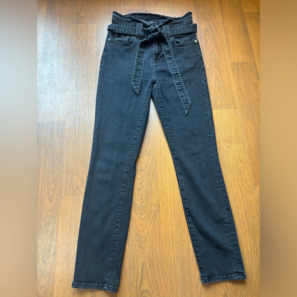 7 FOR‎ ALL OF MANKIND Black Denim Waist Belt Tie Raw Hem Skinny Straight Pant